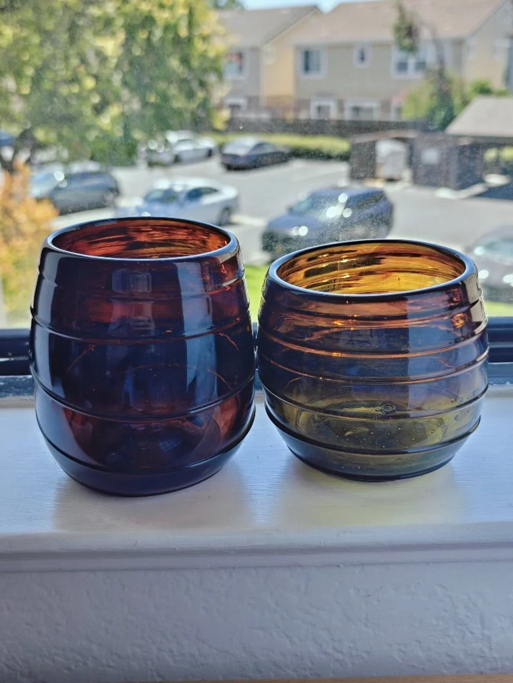 Vintage Signed Hand Blown Amethyst Amber Ribbed Art Glass Tumblers Set of 2